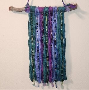 Boho Silk Sari Ribbon and Glass Bead Wall Hanging